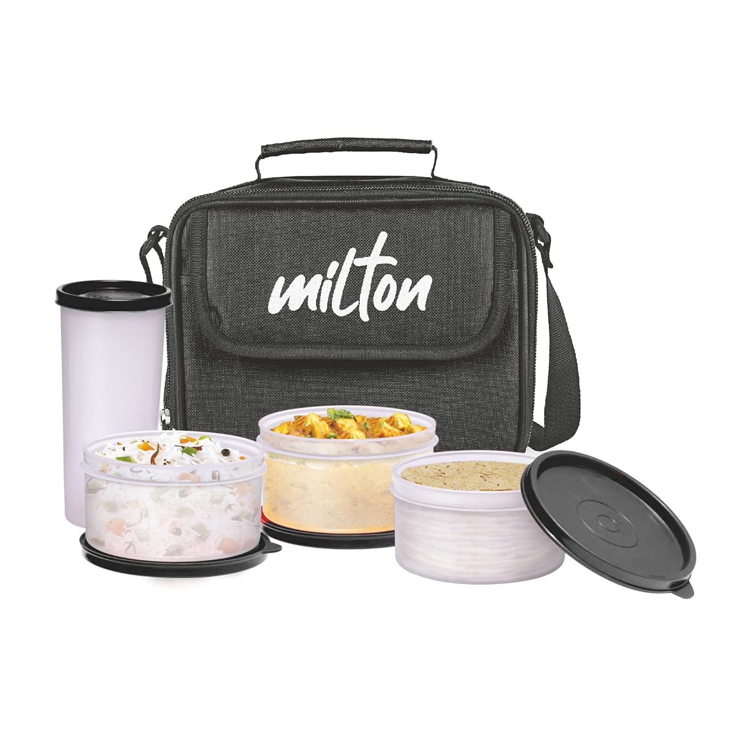 MILTON Lunch Box, 3 Containers, 280 ml Each and 1 Tumbler, 400 ml, Black